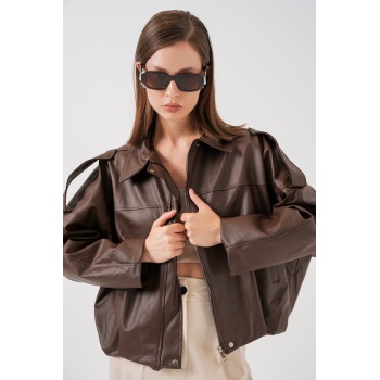 Kadın Oversize Deri Ceket 1055 - Kahverengi