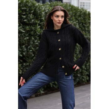 15856 Saç Örgülü Hırka - Siyah