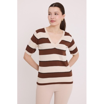 Kadın Kahve Krem Çizgili Kısa Kol Bluz 15869