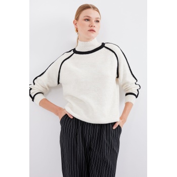 15879 Çizgili Oversize Triko Kazak - Ekru