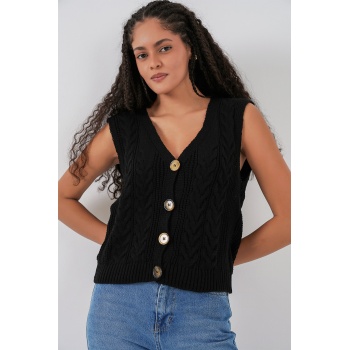 15882 Düğmeli Kısa Triko Yelek - Siyah