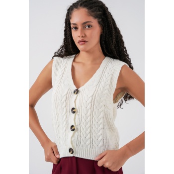 15882 Düğmeli Kısa Triko Yelek - Beyaz