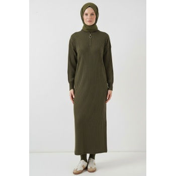 15900 Boydan Tesettür Triko Elbise - Haki