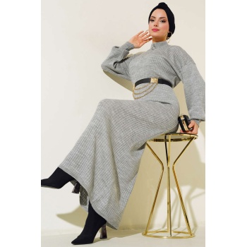 15900 Boydan Tesettür Triko Elbise - Gri