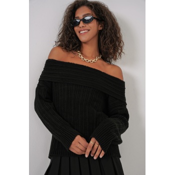 15908 Kadın Açık Omuz Oversize Triko Kazak - Siyah