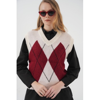 15914 V Yaka Triko Süveter - Kırmızı