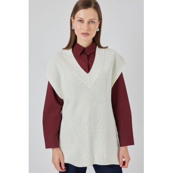 Kadın V Yaka Triko Süveter 15925 - Beyaz