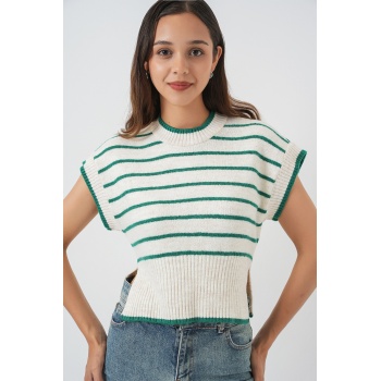 Kadın Çizgili Triko Süveter 15926 - Zümrüt Yeşili