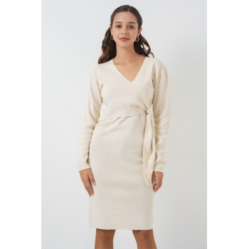 Kadın Kruvaze Yaka Triko Elbise 15928 - Ekru