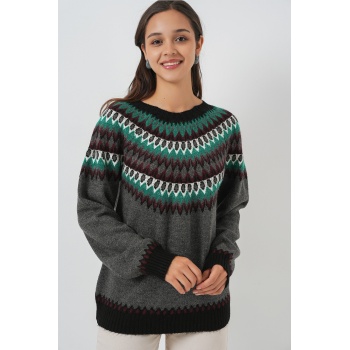 Kadın Desenli Triko Kazak 15932 - Antrasit