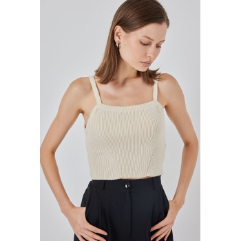 Kadın Askılı Crop Top Bluz 15934 - Krem