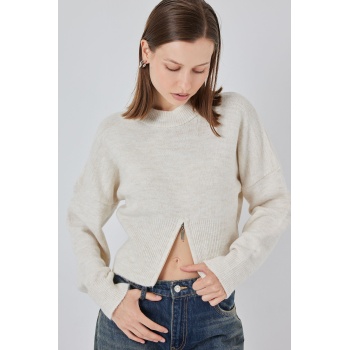 Kadın Fermuarlı Triko Kazak 15937 - Ekru