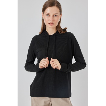 Kadın Kapüşonlu Triko Kazak 15941 - Siyah