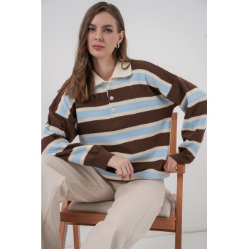Kadın Çizgili Polo Yaka Triko Kazak 15952 - Mavi