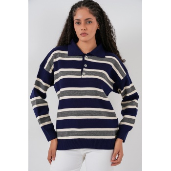 Kadın Çizgili Polo Yaka Triko Kazak 15952 - Lacivert
