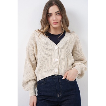 Kadın Crop Triko Hırka 15955 - Krem