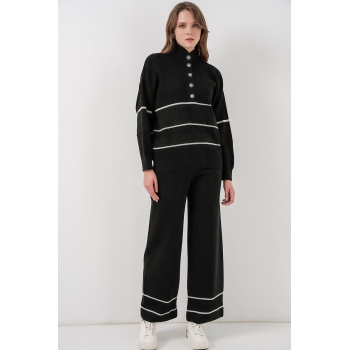 Kadın Çizgili Oversize Triko İkili Takım 15957 - Siyah