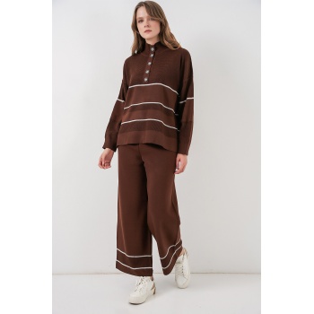 Kadın Çizgili Oversize Triko İkili Takım 15957 - Kahverengi
