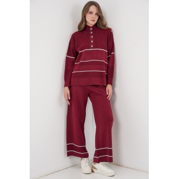 Kadın Çizgili Oversize Triko İkili Takım 15957 - Bordo