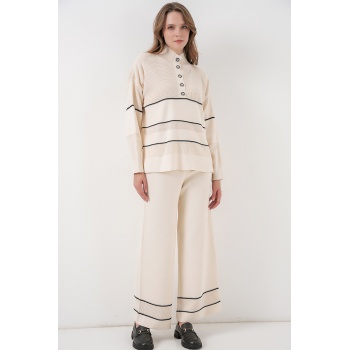Kadın Çizgili Oversize Triko İkili Takım 15957 - Ekru