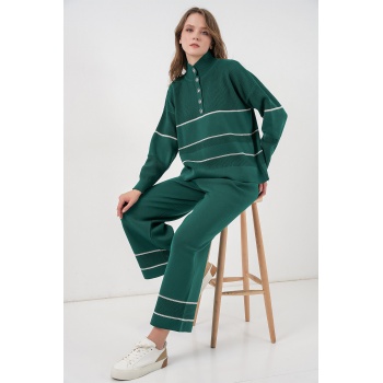 Kadın Çizgili Oversize Triko İkili Takım 15957 - Zümrüt Yeşili