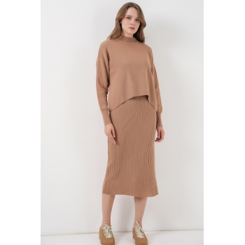 Kadın Kısa Kazaklı Triko Elbise 15958 - Camel