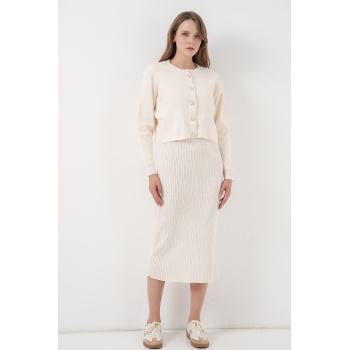 Kadın Hırka Elbise Triko İkili Takım 15960 - Ekru