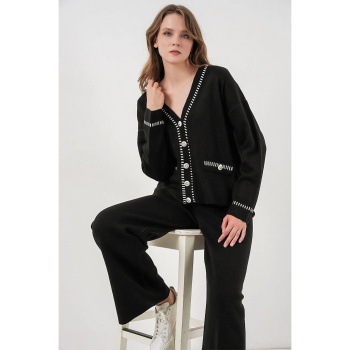 Kadın Nakışlı Triko Hırka Pantolon İkili Takım 15963 - Siyah