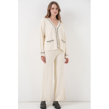 Kadın Nakışlı Triko Hırka Pantolon İkili Takım 15963 - Ekru