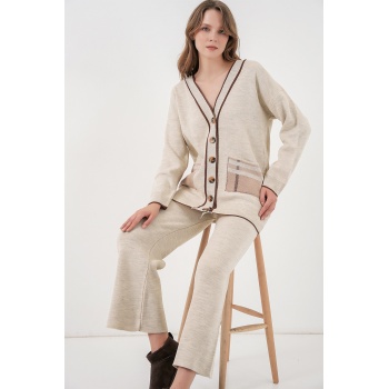 Kadın Cepli Hırka Triko İkili Takım 15964 - Ekru