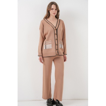 Kadın Cepli Hırka Triko İkili Takım 15964 - Camel
