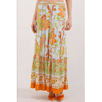 1898 Desenli Uzun Etek - Turuncu