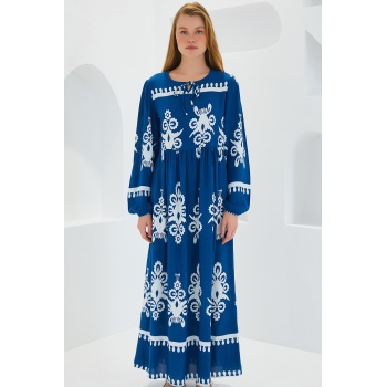 Kadın Petrol Beyaz Desenli Uzun Viskon Elbise 1947