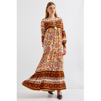 1947 Desenli Uzun Elbise - T. Kahverengi