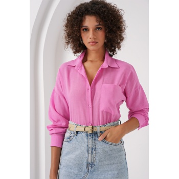 20153 Tek Cepli Oversize Keten Gömlek - Pembe