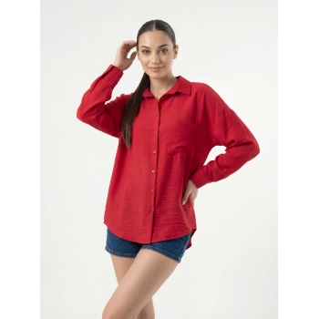 20153 Tek Cepli Oversize Keten Gömlek - Nar