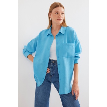 20153 Tek Cepli Oversize Keten Gömlek - Açık Mavi