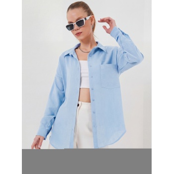20153 Tek Cepli Oversize Keten Gömlek - Buz Mavi