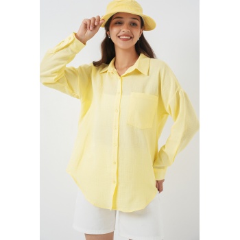 20153 Tek Cepli Oversize Keten Gömlek - Açık Sarı