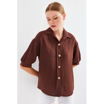 Kısa Kol Oversize Keten Gömlek 20240 - Kahverengi