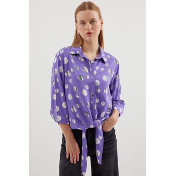 20243 Önü Bağlamalı Desenli Gömlek - Lila