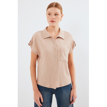 20256 Manşetli Double Kısa Kollu Gömlek - Bisküvi