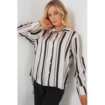 Kadın Çizgili Uzun Saten Gömlek 20291 - Siyah