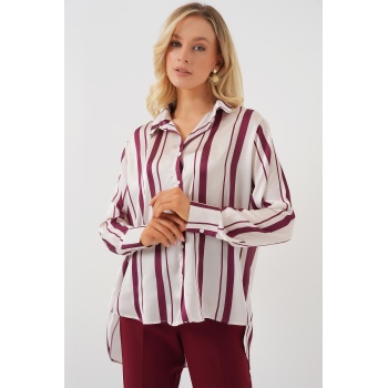 Kadın Çizgili Uzun Saten Gömlek 20291 - Bordo