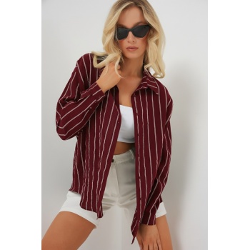 Kadın Çizgili Oversize Gömlek 20293 - Bordo