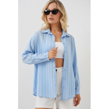 Kadın Çizgili Oversize Gömlek 20293 - Mavi