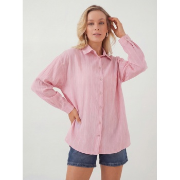 Kadın Çizgili Oversize Gömlek 20293 - Pembe