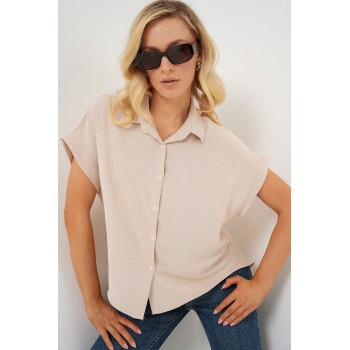 Kadın Oversize Kısa Kol Gömlek 20322 - Krem