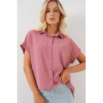 Kadın Oversize Kısa Kol Gömlek 20322 - Pembe
