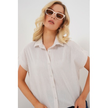 Kadın Çizgili Kısa Kol Gömlek 20324 - Krem
